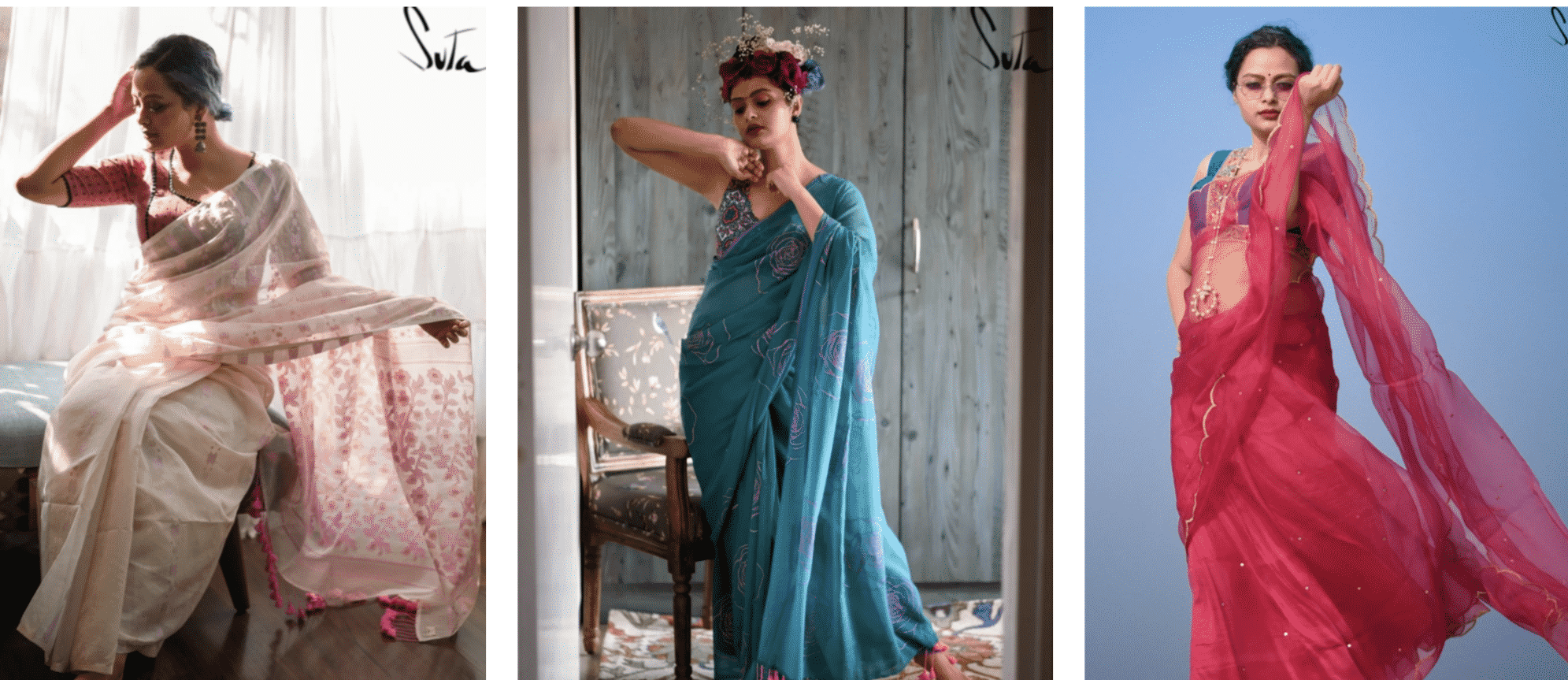 Three photos of women in various colored sarees.